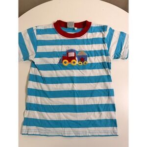 Luigi Kids T-Shirt Size 7 Blue White Striped casual Embroidered Train Tee